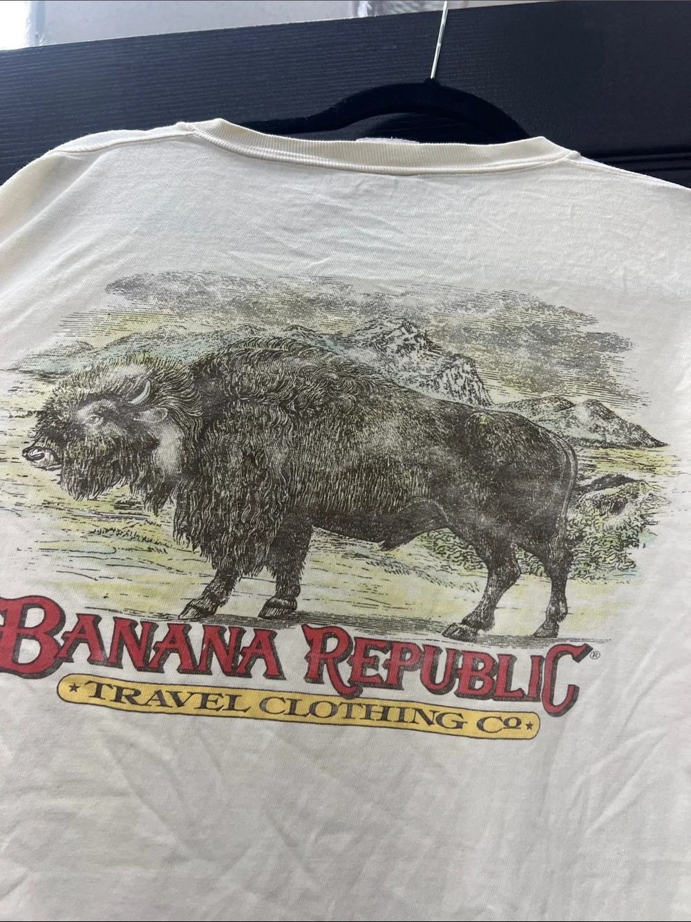 Vintage 1980’s Banana Republic Cream Tee with Red Logo and Brown Bison Graphic